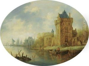 A River Landscape With A Fortified Town On The River Banks, Fishermen In The Foreground, Shipping Beyond by Pieter de Neyn