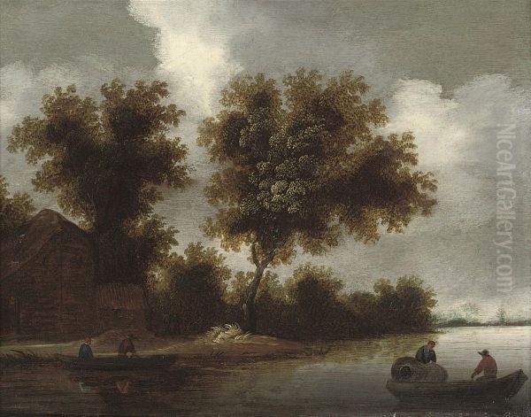 A Wooded River Landscape With Rowing Boats And Peasants By A Farmhouse - view 1