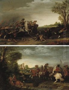 A Cavalry Skirmish Near A Bridge And; A Cavalry Skirmish Near A River by Pieter de Neyn