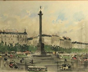 A View Of The Place De La Bastille; A View Of The Place De L'opera (a Pair) by Guy De Neyrac