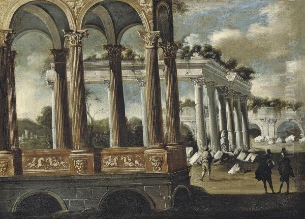 An Architectural Capriccio With Elegant Figures Conversing - view 1