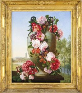 Vase De Fleurs Sur Un Entablement Sur Fond De Paysage by Noter David De