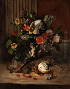 Blumenstilleben Mit Erlegten Wildhasen, Vogeln Und Einer Zitrone by David Emil Joseph de Noter