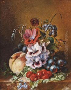 Still Life With Lychees, Peaches, Grapes And Various Summer Flowers On A Ledge