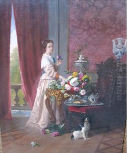 An Interior With A Woman Arranging Flowers An Expectant Dog Seated Beside A Tea Tray