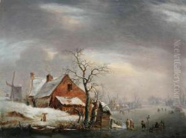 Bevroren Rivierlandschap Met Figuren Op Het Ijs - view 1