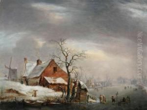 Bevroren Rivierlandschap Met Figuren Op Het Ijs by Pierre Francois de Noter