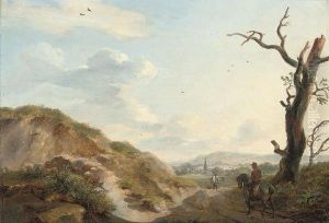A Dune Landscape With Travellers On A Track And A Village Beyond by Pierre Francois de Noter