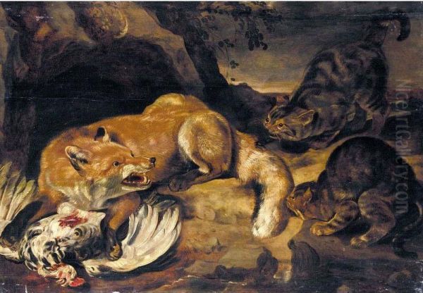 A Fox Guarding A Chicken From Two Cats - view 1