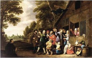 A Procession Of Peasants Leaving A Country Inn, Playing Musical by Pieter de Neyn