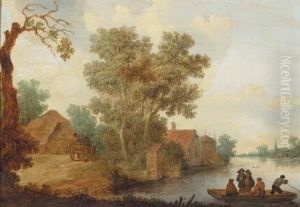 A Ferry On A River With Travellers On A Horse Drawn Wagon