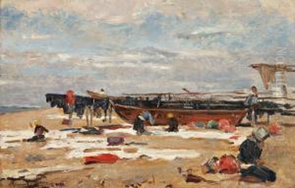 Vista De Praia Com Barcos E Mulheres - view 1