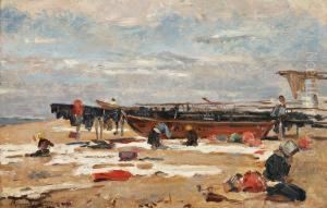 Vista De Praia Com Barcos E Mulheres by Marques De Oliveira