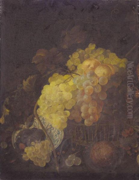 A Still Life With Grapes And Peaches In A Basket Together With A Porcelain Bowl, Plums And Blackberries - view 1