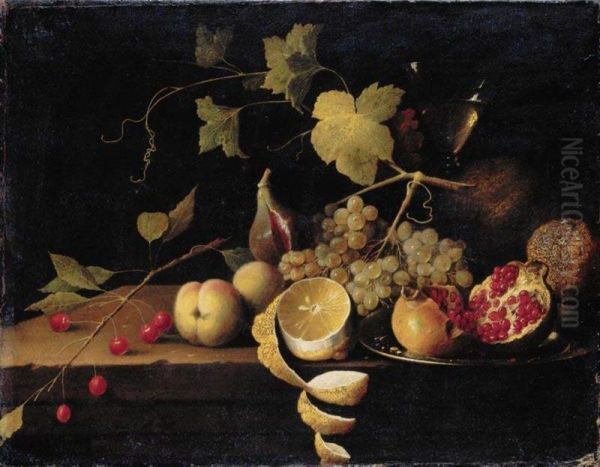 Still Life Of Cherries, Peaches, A Half-peeled Lemon, Grapes On A Vine, A Fig, And An Open Pomegranate On A Silver Platter, In Front Of A Tall Wine-glass - view 1