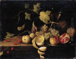 Still Life Of Cherries, Peaches, A Half-peeled Lemon, Grapes On A Vine, A Fig, And An Open Pomegranate On A Silver Platter, In Front Of A Tall Wine-glass by Thomas De Paep