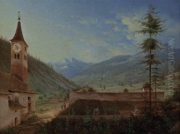 "landliche Idylle Mit Kirche Und Personenstaffage" - view 1