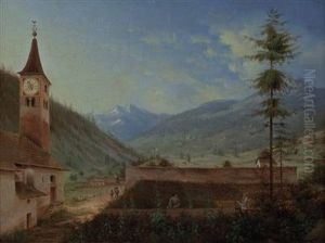 "landliche Idylle Mit Kirche Und Personenstaffage" by F. De Paoli