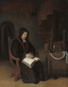 An Old Woman Reading In An Interior by Abraham de Pape