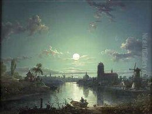 A Riverside Town By Moonlight - view 1