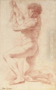 A Kneeling Man Looking Down To The Left Holding A Rope
