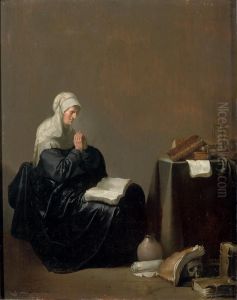 An Old Woman At Prayer With 'vanitas' Objects Nearby