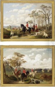 Huntsmen Following A Scent With Hounds; Huntsmen Crossing A Stream by Alfred F. De Prades