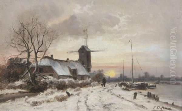 Jager Met Hond Bij Windmolen In Winters Landschap - view 1