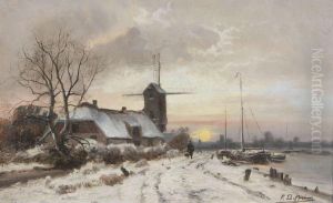 Jager Met Hond Bij Windmolen In Winters Landschap by Ferdinand De Prins