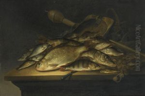 Still Life With Fish, Nets, Fishing Equipment And A Knife On A Table by Pieter de Putter