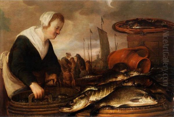 Fischersfrau Mit Grossem Fischbottichund Ausgelegten Fischen Neben Tonkrug Und Fischkasten - view 1