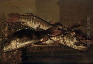 A Pike, Perch And Various Other Fish Together With Onions On Atable by Pieter de Putter