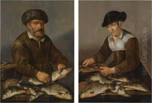 A Fisherman Holding A Pike, With Bream, Perch And Otherfreshwater Fish On A Table by Pieter de Putter
