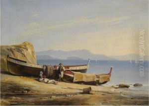 A Mediterranean Coastal Scene With Figures Resting By Boats On The Beach by Alphee De Regny