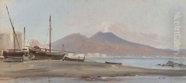 Fishing Boats Along The Sorrentine Coast With A View Of Mountvesuvius - view 1