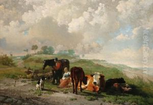 Landscape Withmeadows, A Farmer's Couple With Their Cattle And A Sitting Dog, Atthe Right A View On The Gooimeer Landscape Withmeadows, A Farmer's Couple With Their Cattle And A Sitting Dog, Atthe Right A View On The Gooimeer