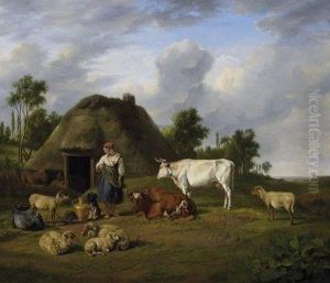 Country Life. Farmerwoman With Her Cattle On The Parture In Front Of The Yard. In The Background A View Onte A Dune Landscape. Signed Lower Centre: J. Rijk Fecit Country Life. Farmerwoman With Her Cattle On The Parture In Front Of The Yard. In The Background A View Onte A Dune Landscape. Signed Lower Centre: J. Rijk Fecit