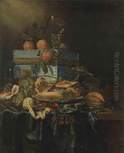 Grapes, Peaches, Cherries And Other Fruit, With A Chest And AGoblet, On A