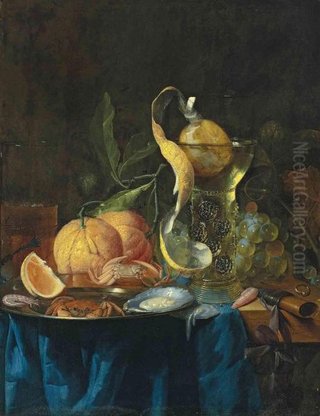 Orange Peel In A Facon-de-venise Wine Glass, Oysters, Crabs Andshrimp On A Silver Platter, And Oranges And Grapes - view 1