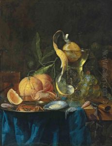 Orange Peel In A Facon-de-venise Wine Glass, Oysters, Crabs Andshrimp On A Silver Platter, And Oranges And Grapes by Pieter de Ring