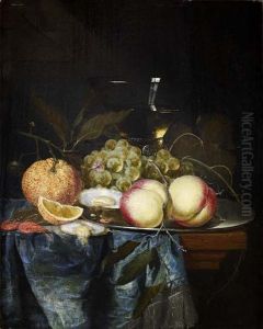 A Still Life Of Assorted Fruit, Oysters And A Wine Glass On A Ledge