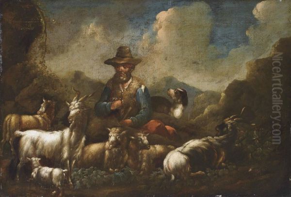A Herder With Sheep, Goats And A Dog In An Mountainous Landscape - view 1