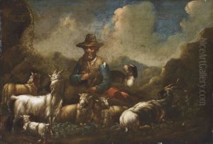 A Herder With Sheep, Goats And A Dog In An Mountainous Landscape