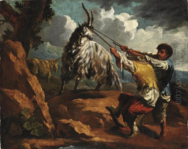 Two Young Men Pulling A Goat - view 1