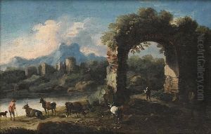 A Drover And His Cattle At A River Before A Ruined Arch
