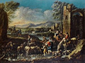 A Cowherd And Shepherds Resting Theirlivestock In An Upland Landscape by Gaetano De Rosa