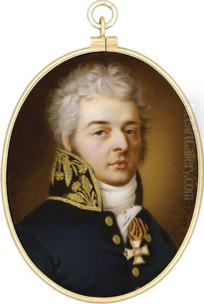 A Fine Enamel Miniature Of A Nobleman Called Prince N. S.volkonsky, With Powdered Curly Hair And Sideburns, In Dark Blueuniform With Gold Embroidered High Collar, White Stock, Wearing Thebadge Of The Imperial Russian Order Of St. George The Martyr Andvanq - view 1