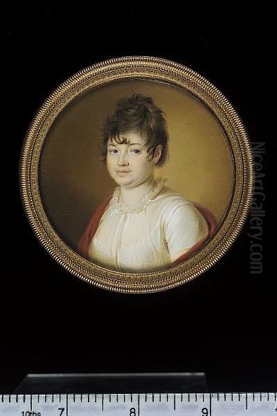 A Lady, Wearing White Dress With Transparent White Overdress With High Frilled Collar And A Red Shawl Over Her Shoulders And Gold Hoop Earrings - view 1