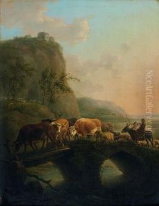 Berger Et Son Troupeau Traversant Un Pont by Jean-Baptiste De Roy