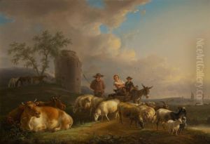 Bergers Conversant Au Coucherdu Soleil by Jean-Baptiste De Roy